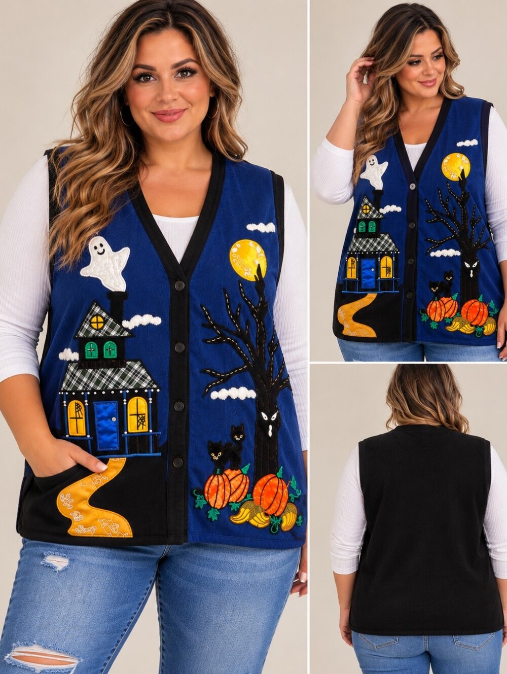Vintage Halloween Appliqué Vest - Halloween Pumpkin Scene